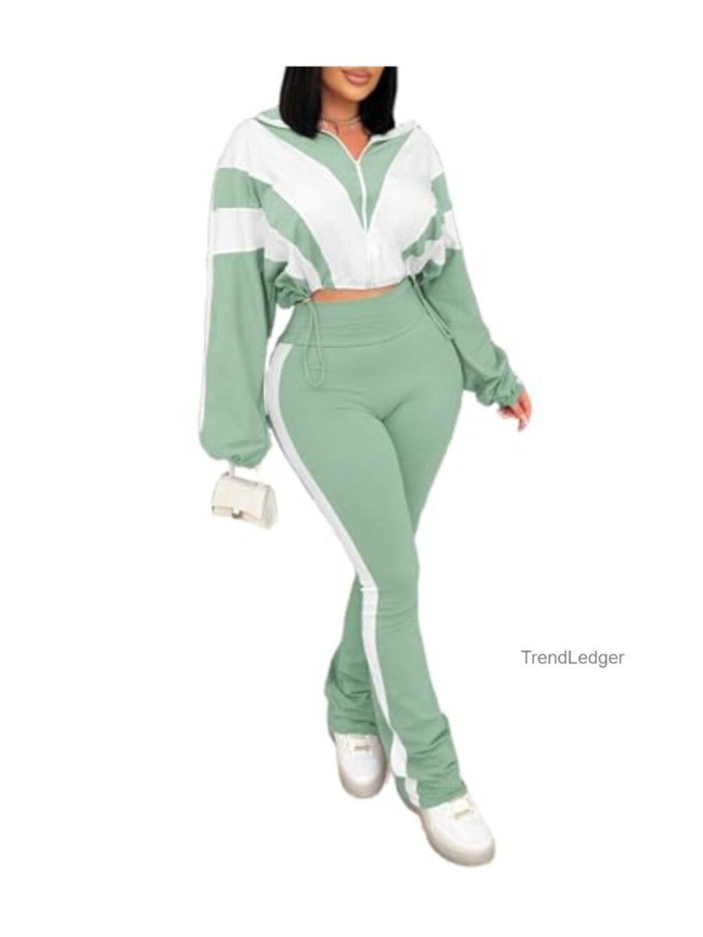 2 Piece Outfit Color Block Zip Jacket Bodycon Long Pants Set